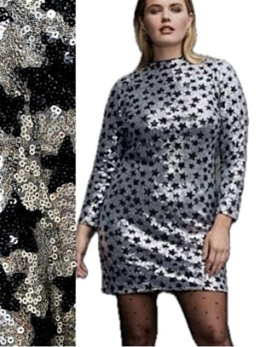 Eloquii Silver Sequin Star Dress Size 20 Black Velvet Back Long Sleeve Mock Neck